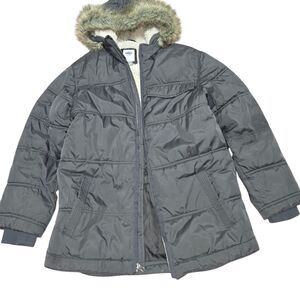 Gray Puffer Jacket with Faux Fur Hood